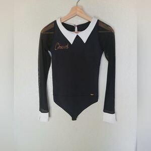 Pit Bull Black & White Mesh Long-sleeve Peter Pan Collared Thong Bodysuit